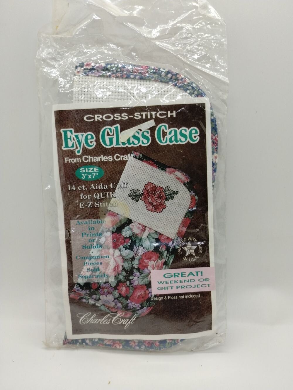 Charles Craft Cross Stitch Eye Glass Case Pink Blue Floral 3" x 7" Sealed